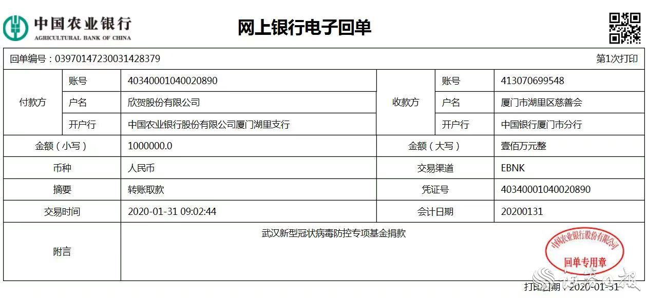 抗疫情 欣贺股份爱心驰援捐款100万元