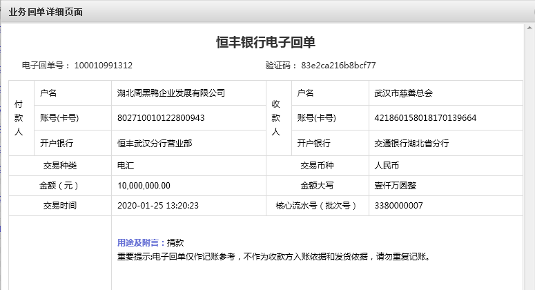 周黑鸭向新型冠状病毒感染的肺炎防疫一线捐款1000万元